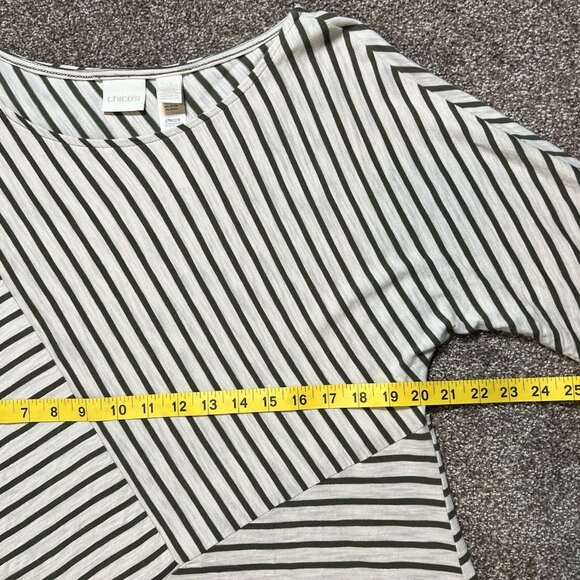 CHICOS 2 Top Size Large Striped Stretch Tunic Green White Long Sleeve Cotton - Picture 5 of 9